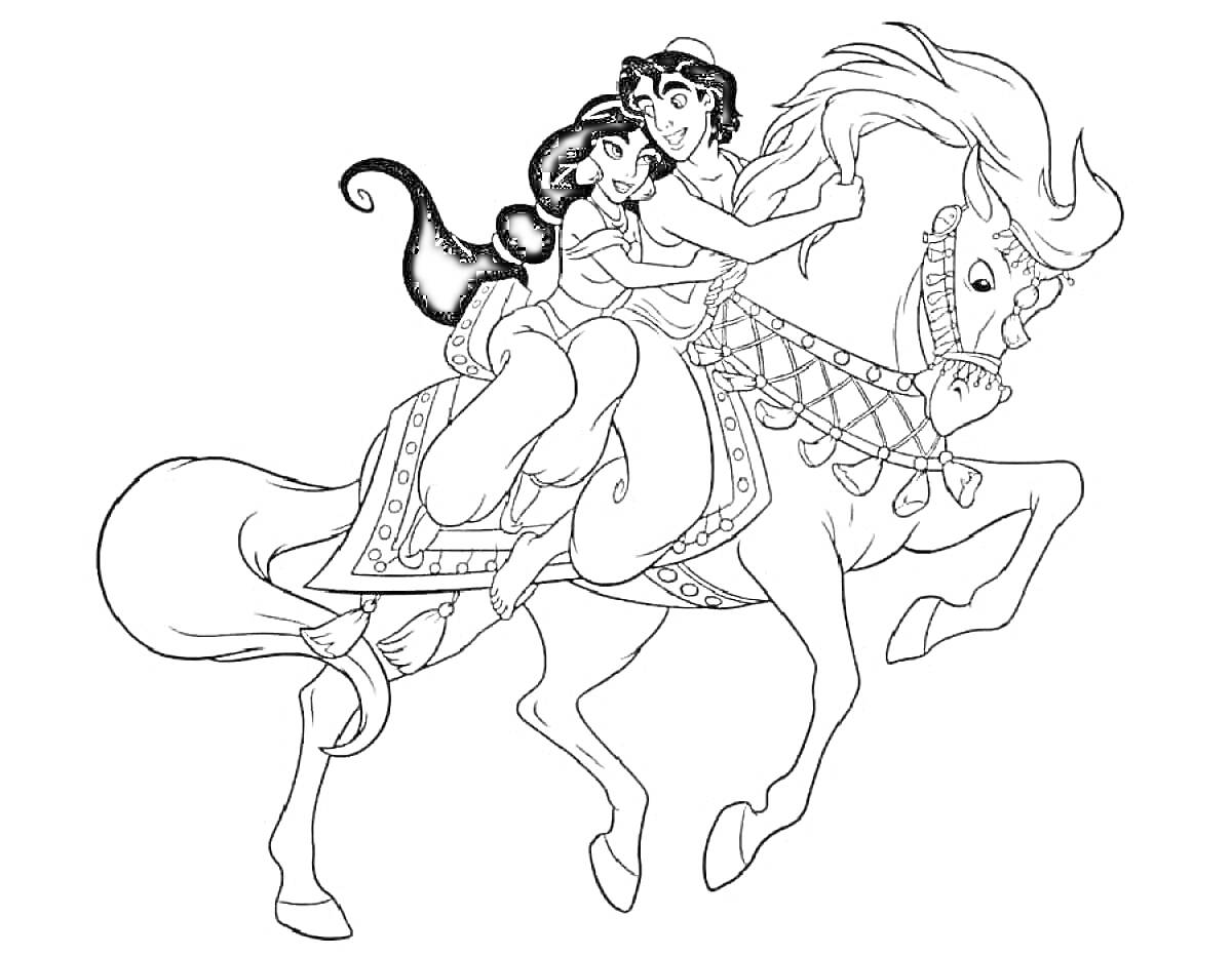 На раскраске изображено: Алладин, Жасмин, Конь, Верховая езда, Дисней