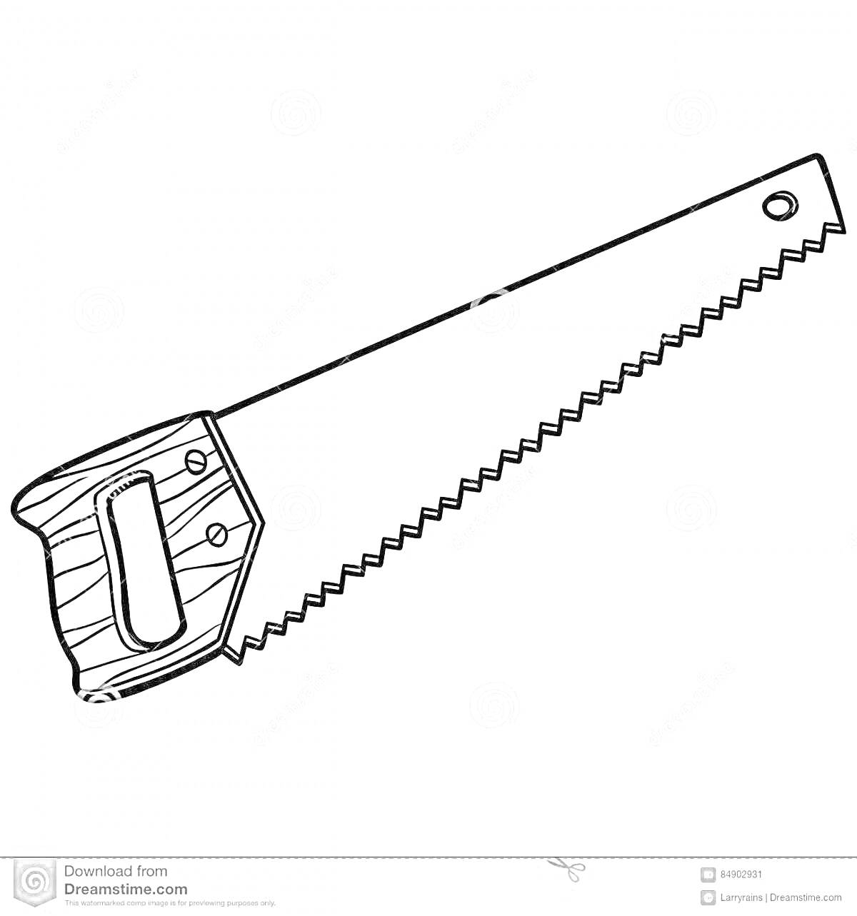 Раскраска Ручная пила с зубчатым лезвием и деревянной рукояткой, с отверстием для подвешивания