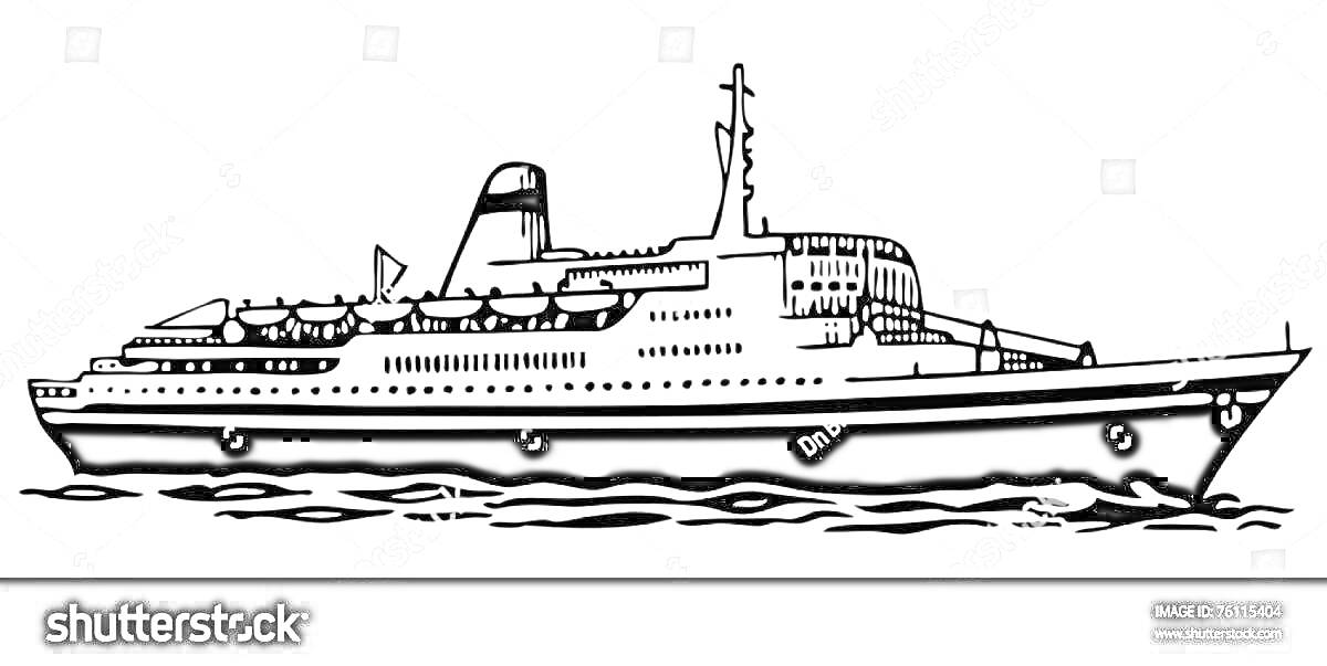 На раскраске изображено: Пассажирский корабль, Корабль, Море, Волны, Иллюминаторы, Палуба