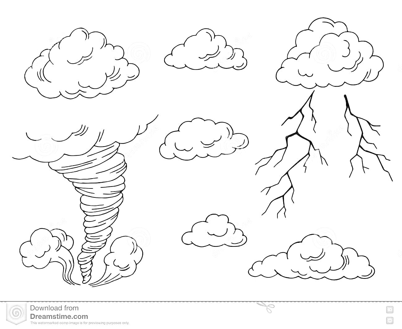 На раскраске изображено: Тучи, Облака, Торнадо, Смерч, Молния, Буря, Гроза