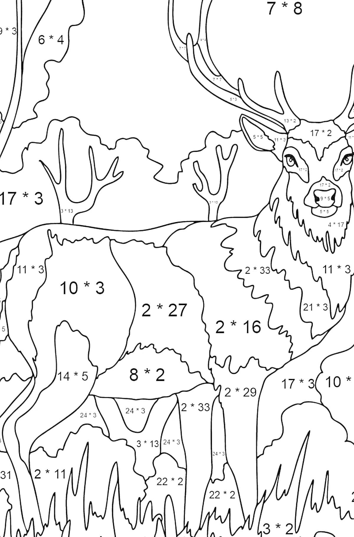 Раскраска Благородный олень в лесу с номерами для раскрашивания