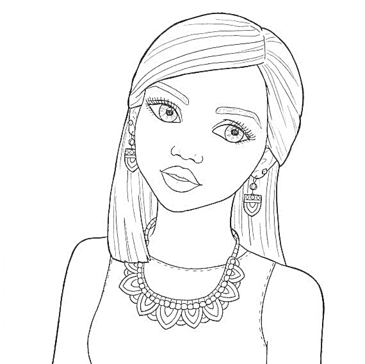 Раскраска Портрет девушки с серьгами и ожерельем
