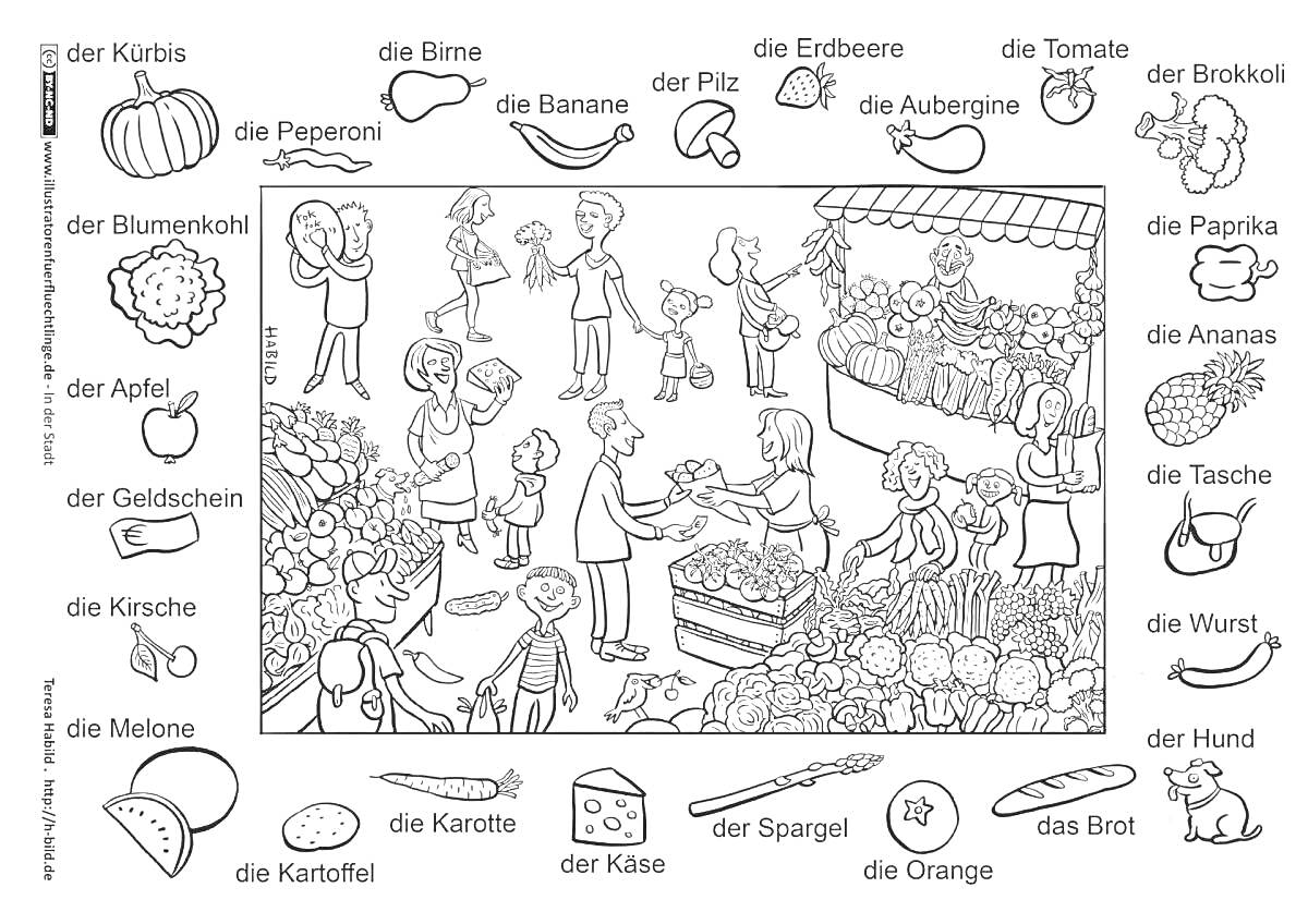 Раскраска Рынок с продуктами и фруктами на немецком языке
