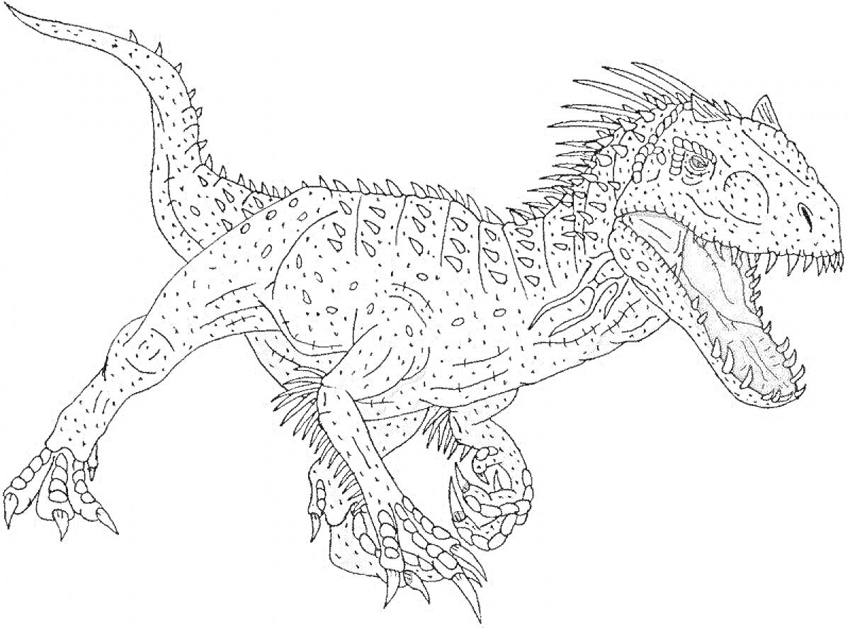 На раскраске изображено: Индоминус, Динозавр, Атака, Зубы, Когти, Чешуя, Агрессивный