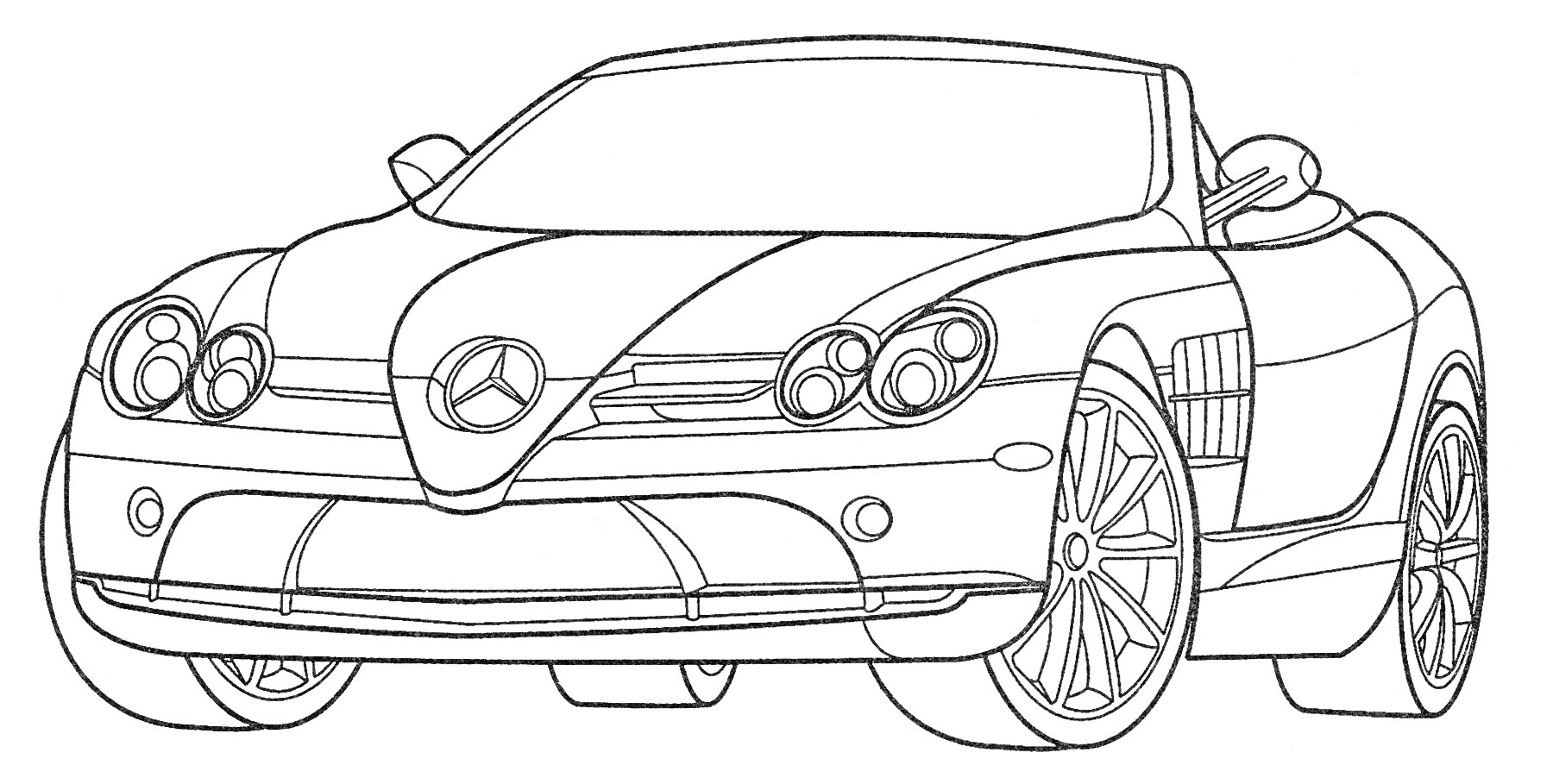 Кабриолет с логотипом Mercedes-Benz, видом спереди, с опущенной крышей и деталями дизайна кузова