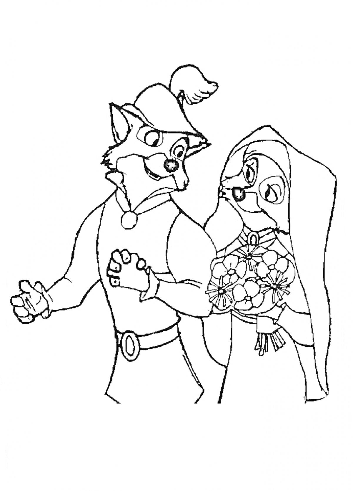 Раскраска Робин Гуд и леди с букетом цветов