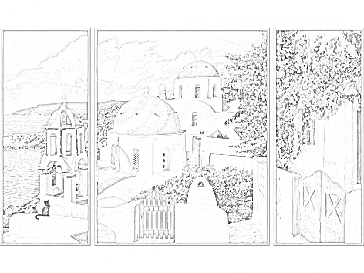 Раскраска Виды греческого острова с купольными крышами, церковью, белыми зданиями, цветущими лозами и воротами