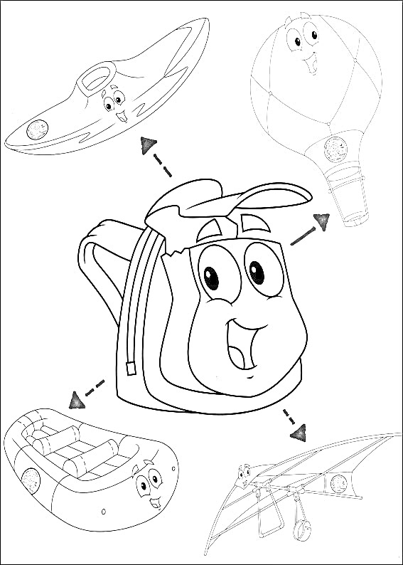 Рюкзак, воздушный шар, плот, дельтаплан, доска для серфинга