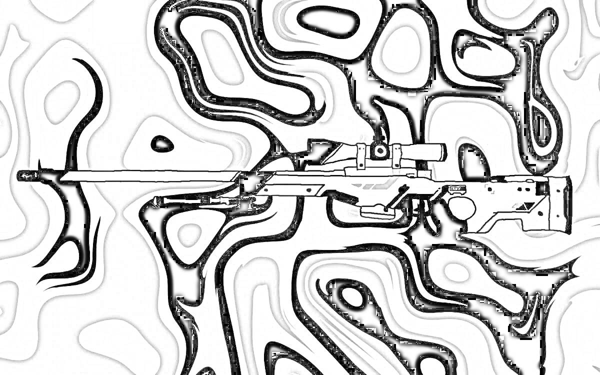 На раскраске изображено: Снайперская винтовка, Оружие, Абстракция, Винтовка, Узоры, Арт