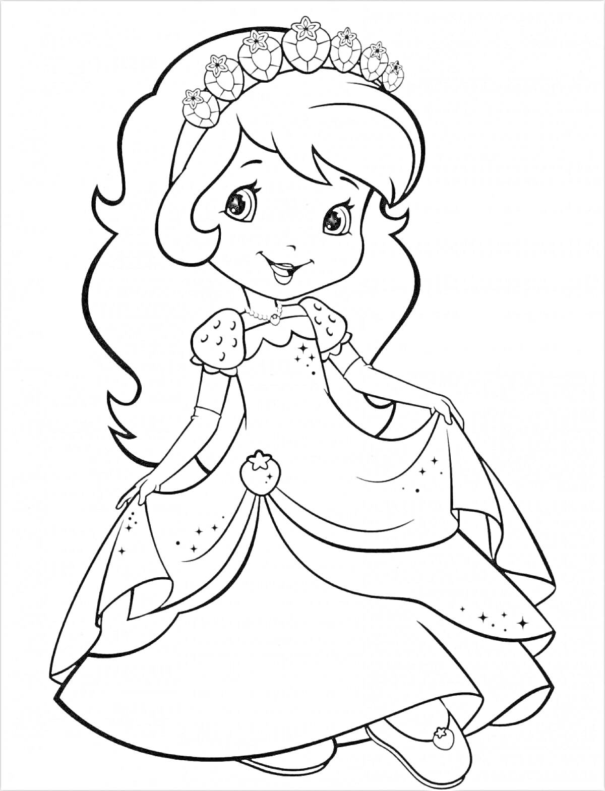 Раскраска Принцесса в короне с цветами, в пышном платье с яблочком на поясе, держащая подол платья обеими руками
