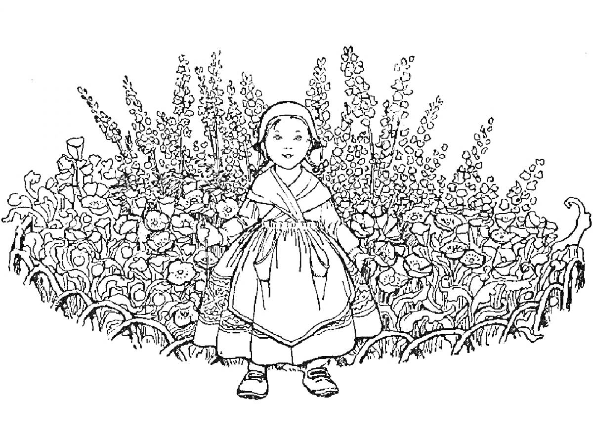 Раскраска Девочка в переднике среди цветов