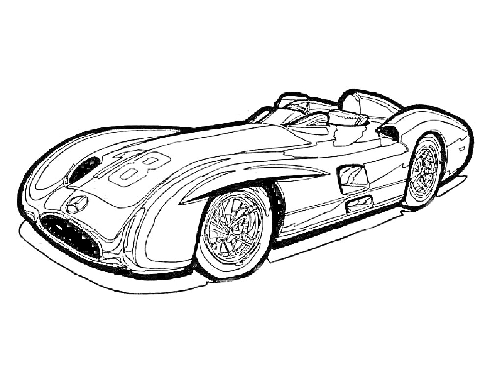 Раскраска Спортивная машина с номером 8, открытый верх, гоночный спорткар