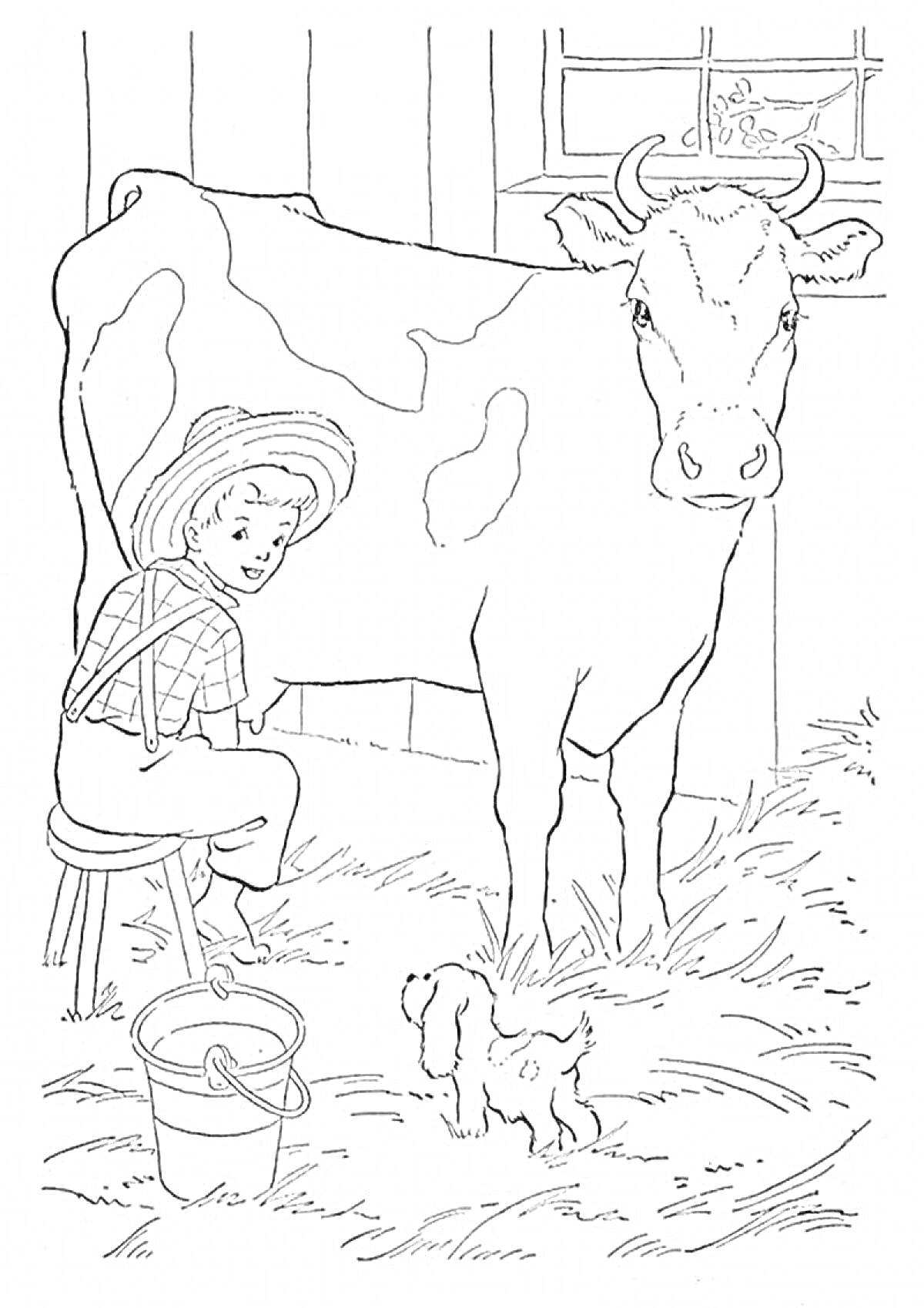 На раскраске изображено: Домашние животные, Зима, Корова, Доение, Мальчик, Собака, Ферма, Сарай, Трава