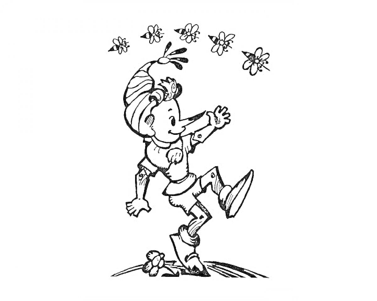 Раскраска Буратино танцует на траве, вокруг летают пчелы
