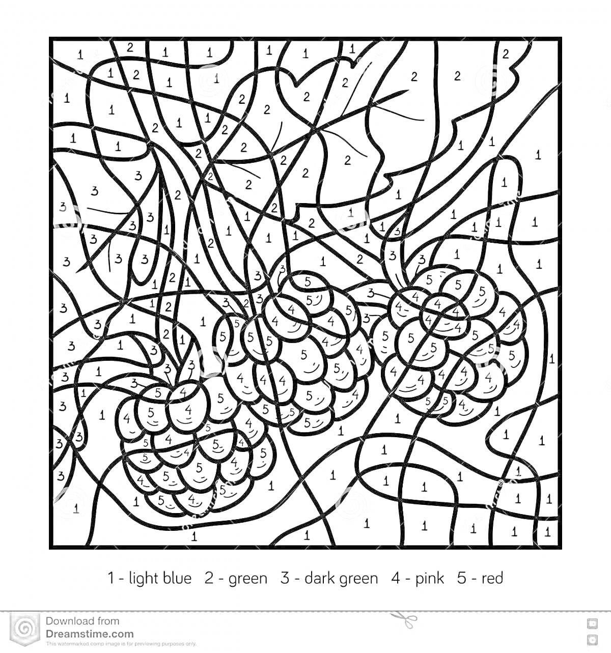 Раскраска Раскраска по цифрам с клубникой, листьями и фоном