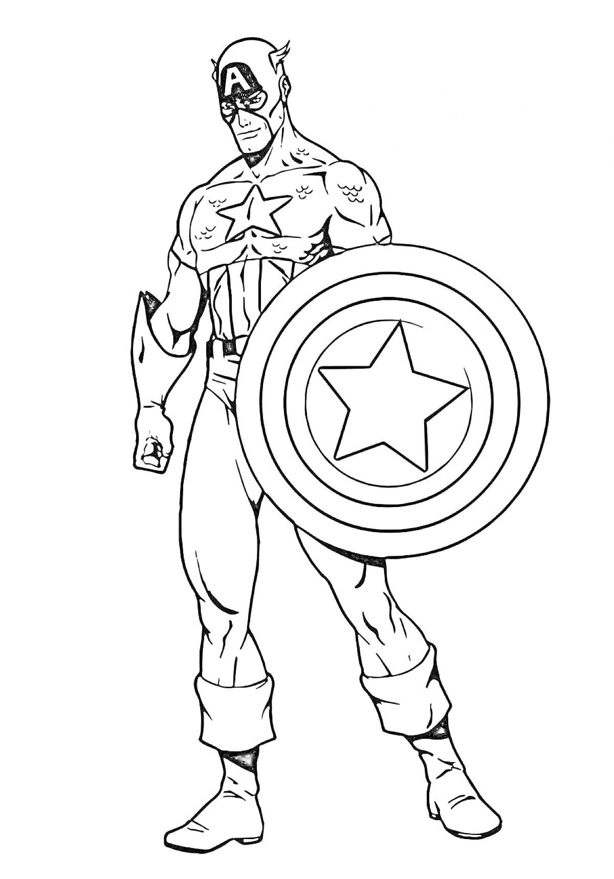 Раскраска Капитан Америка с щитом, стоящий в полный рост, в маске с буквой 