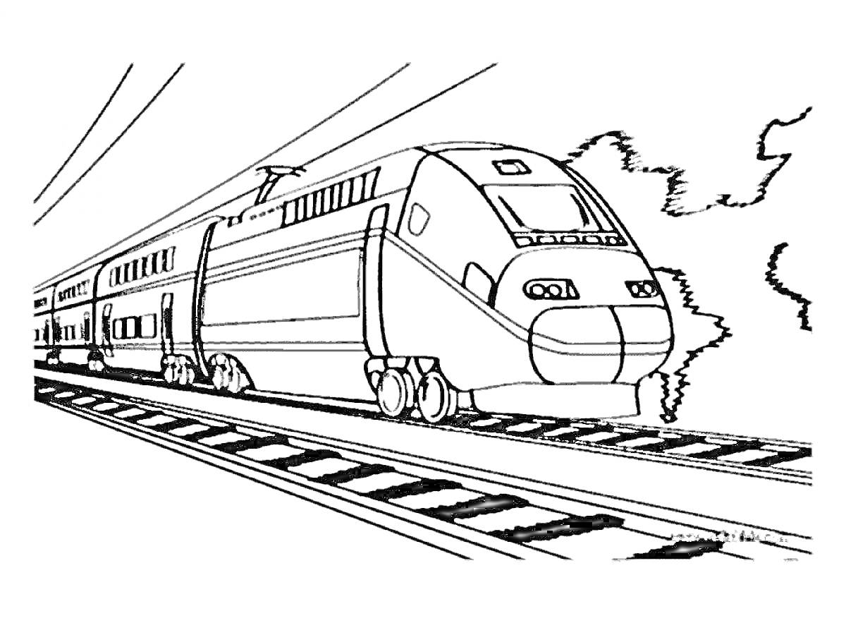 Раскраска Поезд на железной дороге, электрический поезд с проводами и рельсами