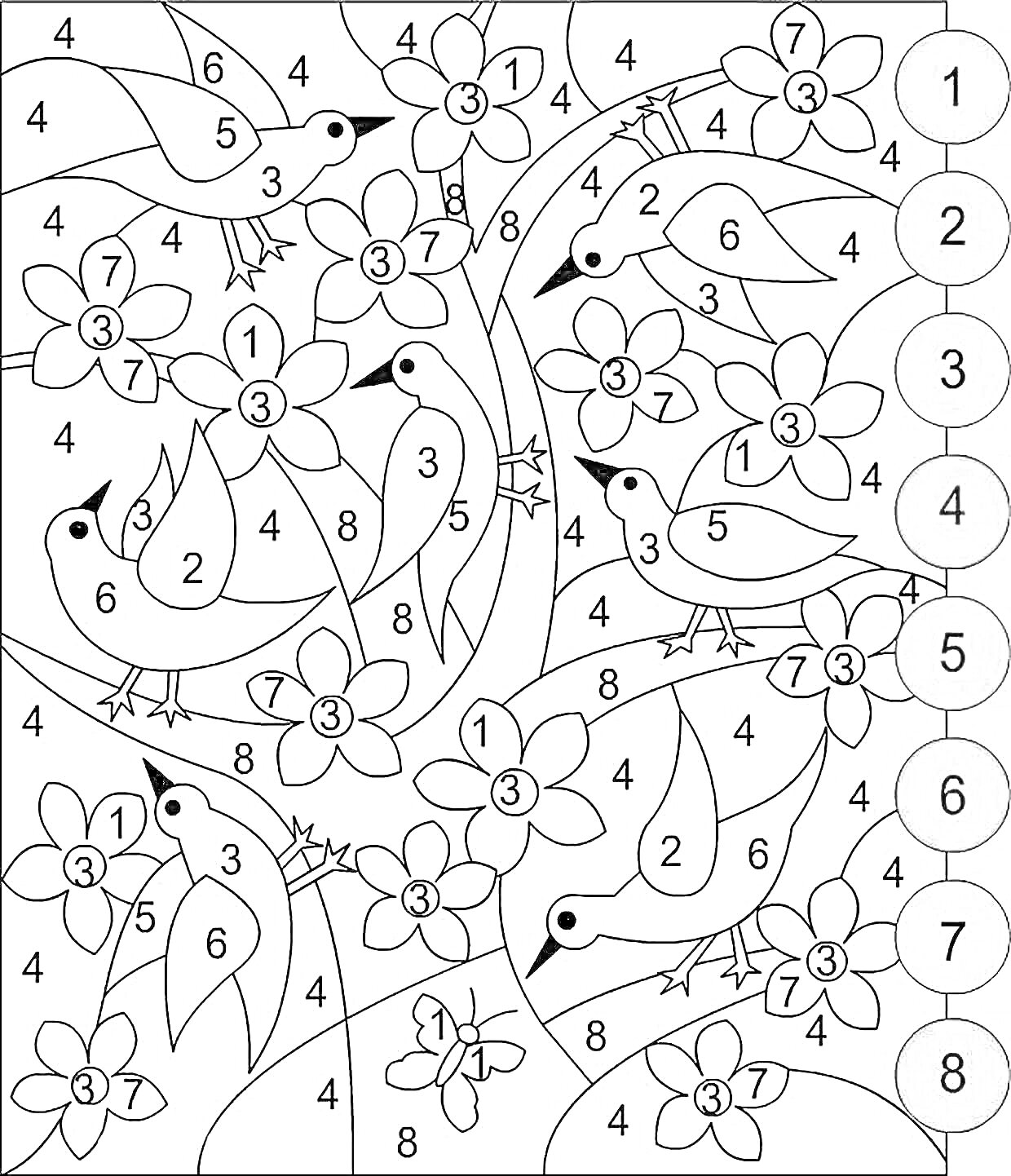 На раскраске изображено: Игры для девочек, По цифрам, Цветы, Бабочка, Природа, Весна
