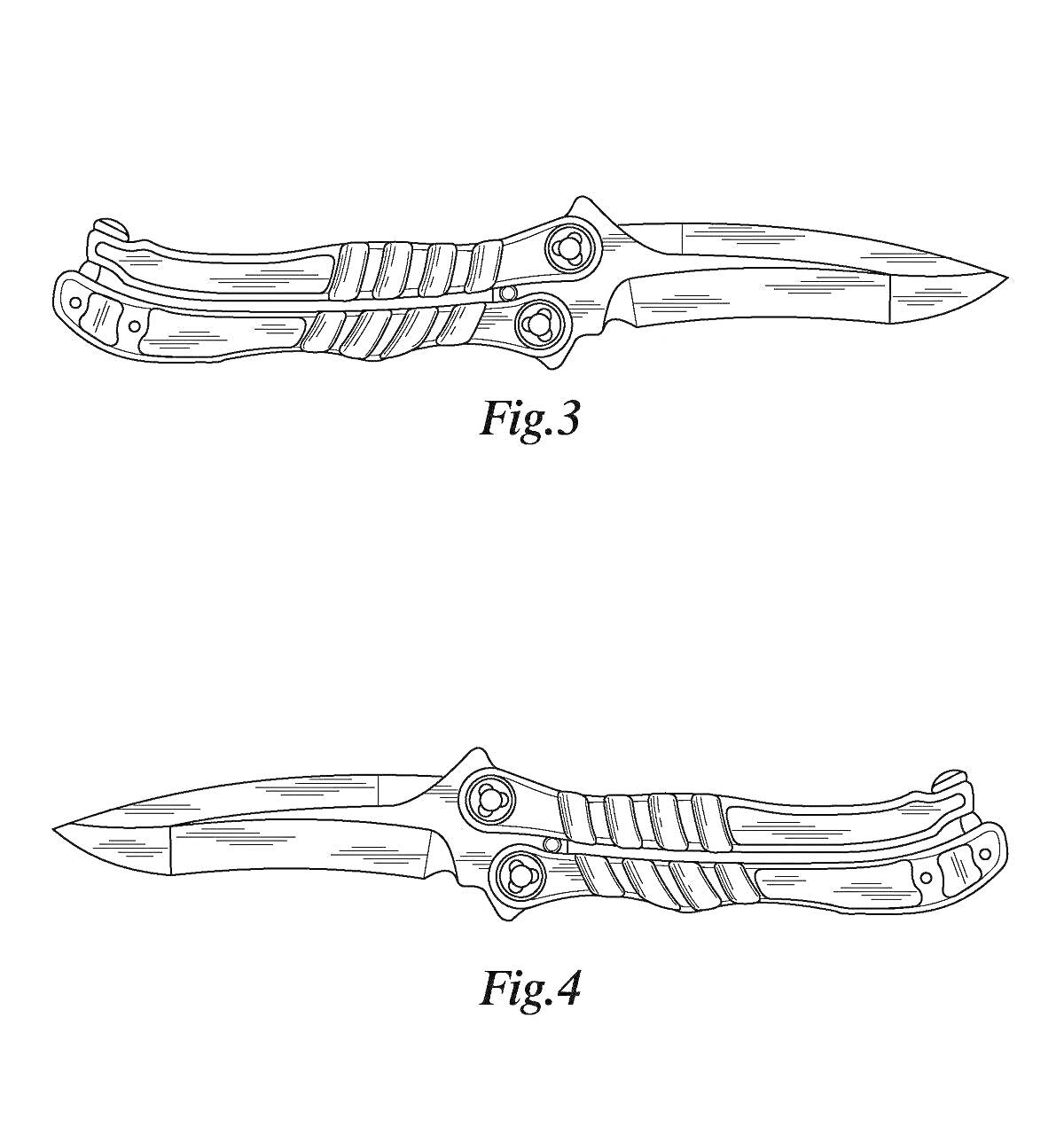 Раскраска нож бабочка с полосами на рукояти и лезвии, открытый вид сверху и сбоку, надписи Fig.3 и Fig.4