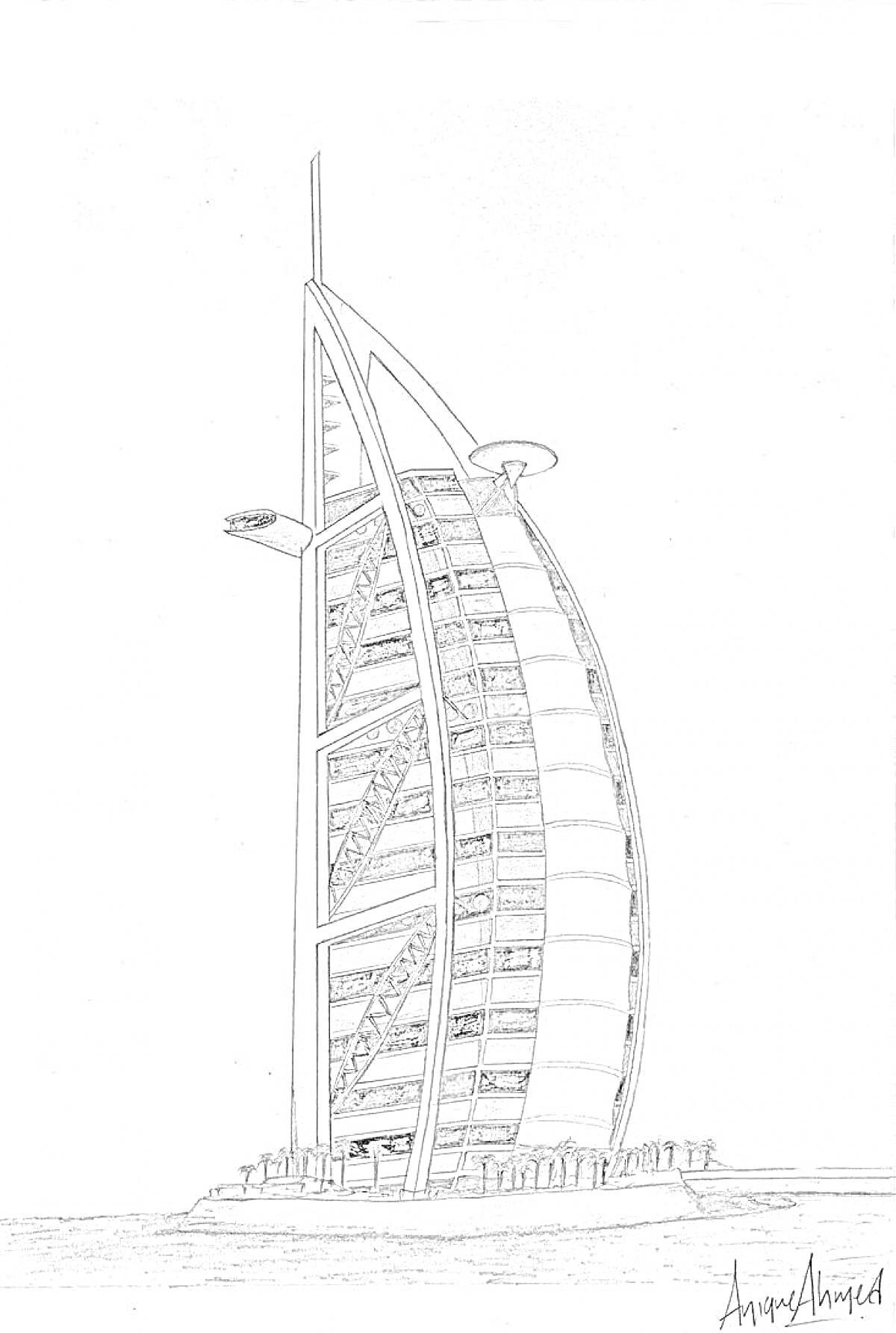 Раскраска Бурдж Аль Араб на фоне неба и моря с пальмами