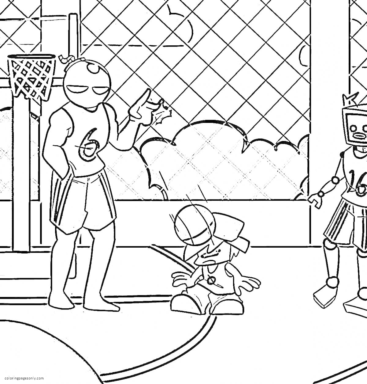 На раскраске изображено: Робот, Мальчик, Сетка, Спортивная форма, Игровой момент, Мячи