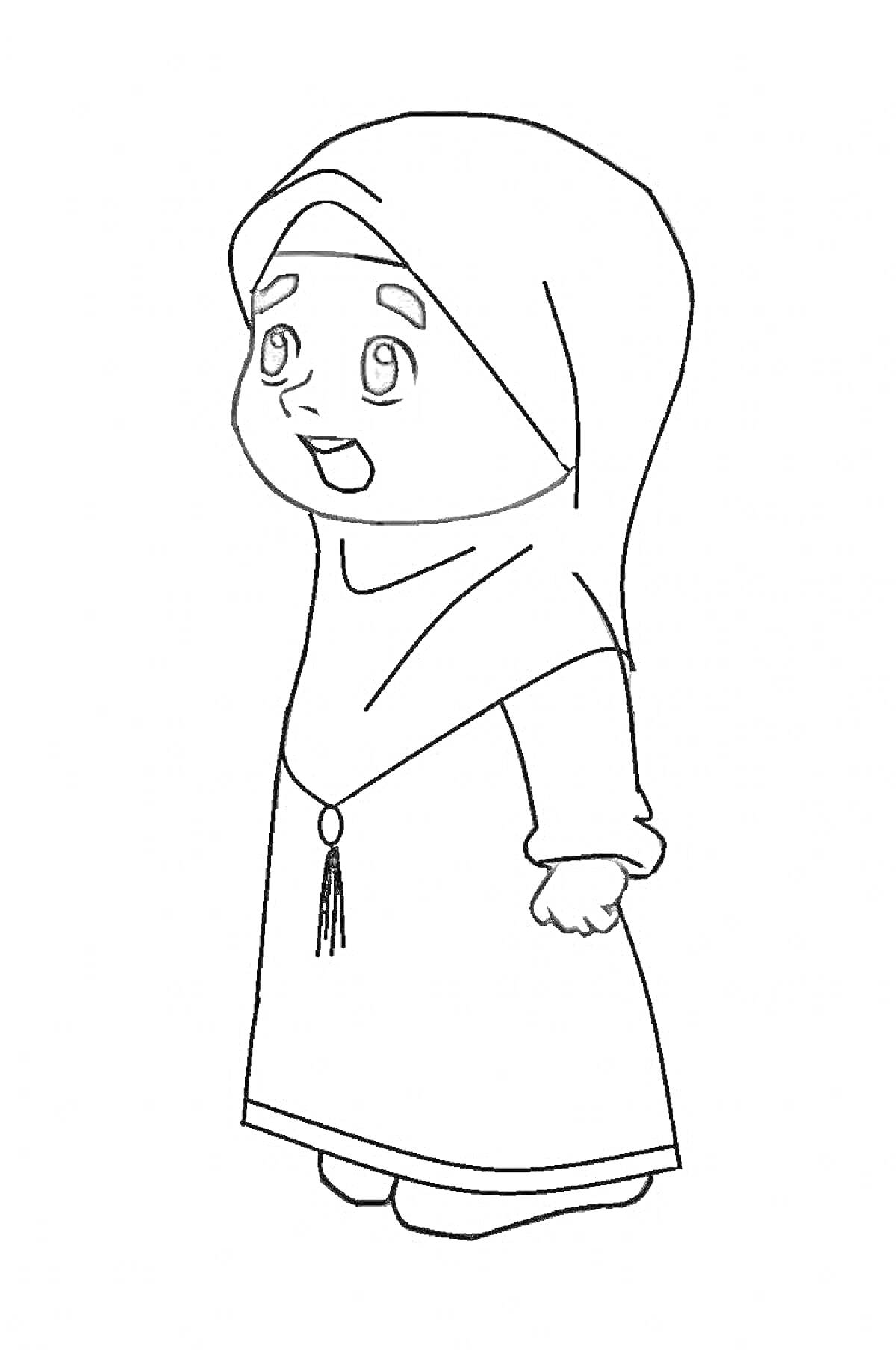 На раскраске изображено: Платок, Ислам, Хиджаб, Традиционная одежда, Для девочек