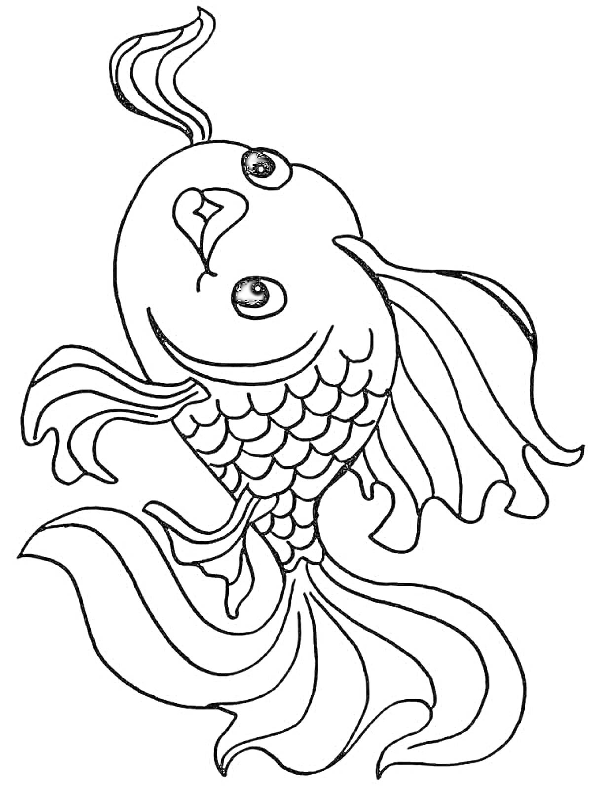 Раскраска Рыбка с большими плавниками и хвостом