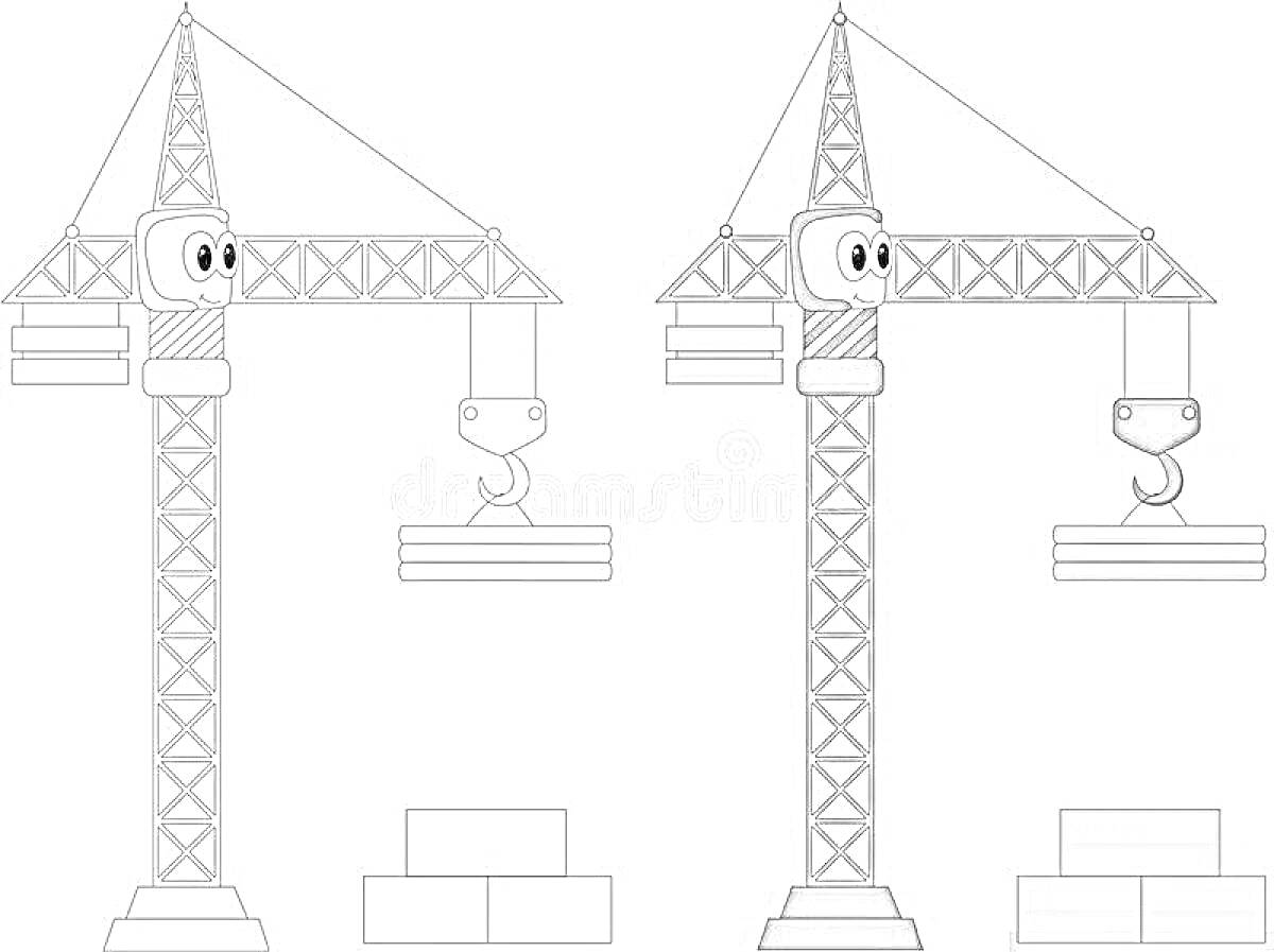 Раскраска Башенный кран с глазами, крючком и грузом