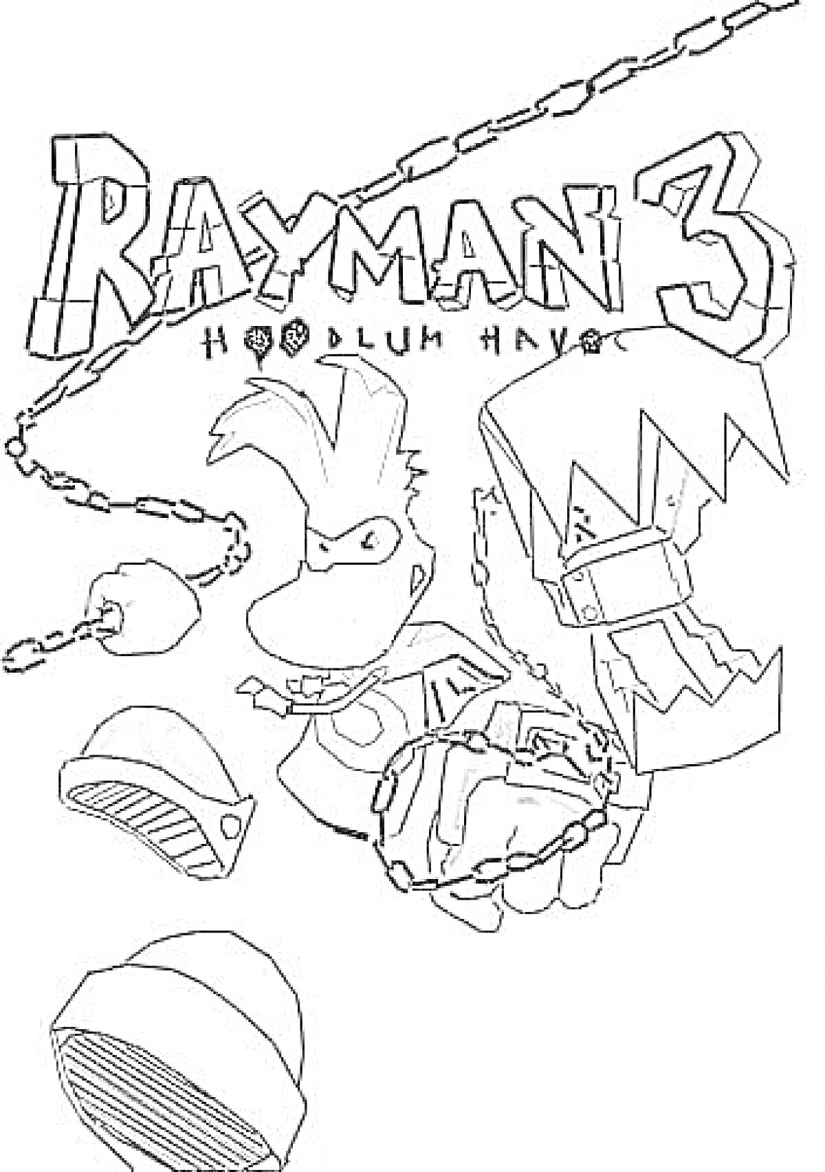  Rayman 3: Hoodlum Havoc - цепи, латки, персонаж Рэйман с большой рукой в перчатке и чашкой, веревка