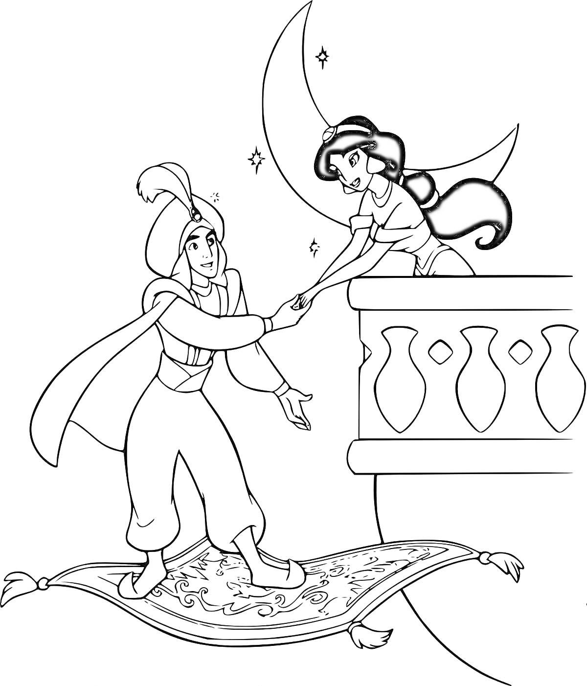 На раскраске изображено: Алладин, Ковер-самолет, Принцесса, Балкон, Луна, Ночь, Волшебство, Из мультфильмов