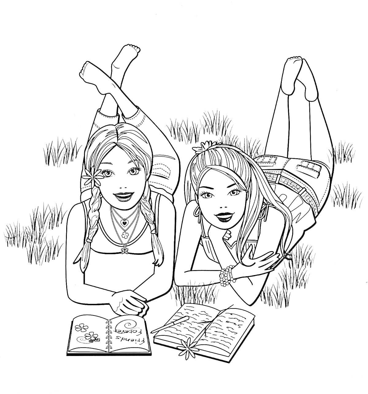 Раскраска Девочки лежат на траве и читают книги, дружба, природа