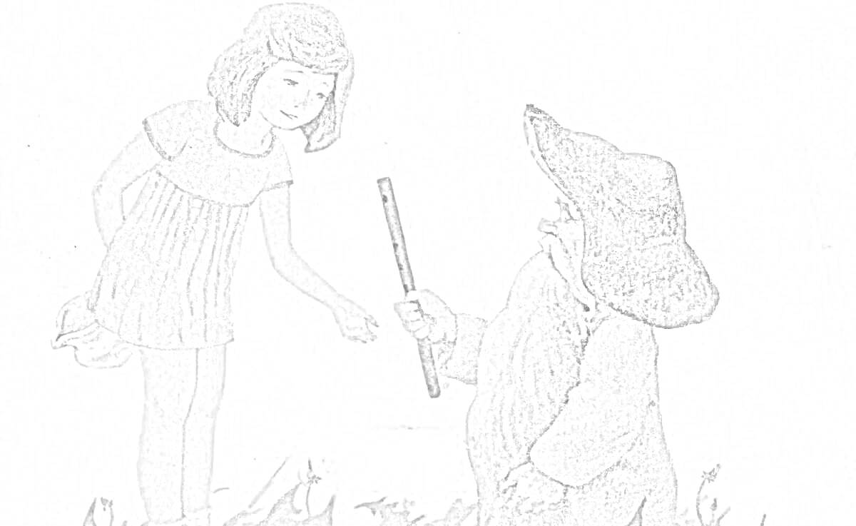 Раскраска Девочка в платье и человек в шляпе с дудочкой на поляне