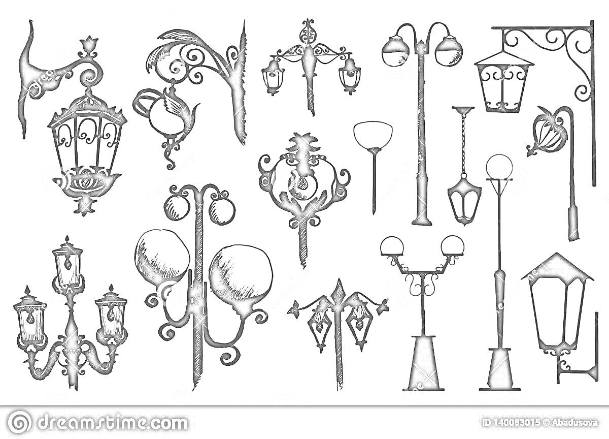 Раскраска Разные стили фонарей с различными дизайнами, включая одинарные фонари, двойные фонари, фонарные столбы и подвесные фонари.
