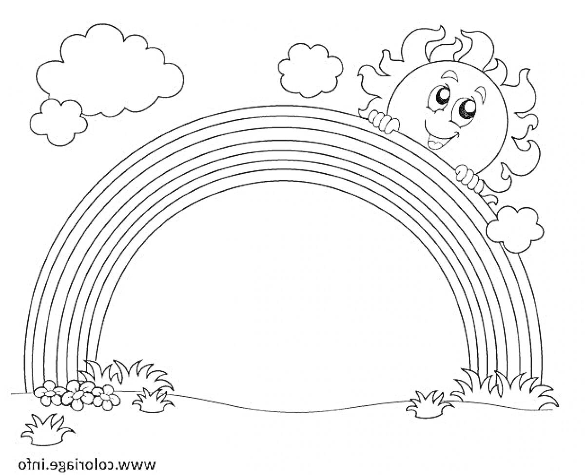 Раскраска Радуга с Солнцем, Облаками и Цветами