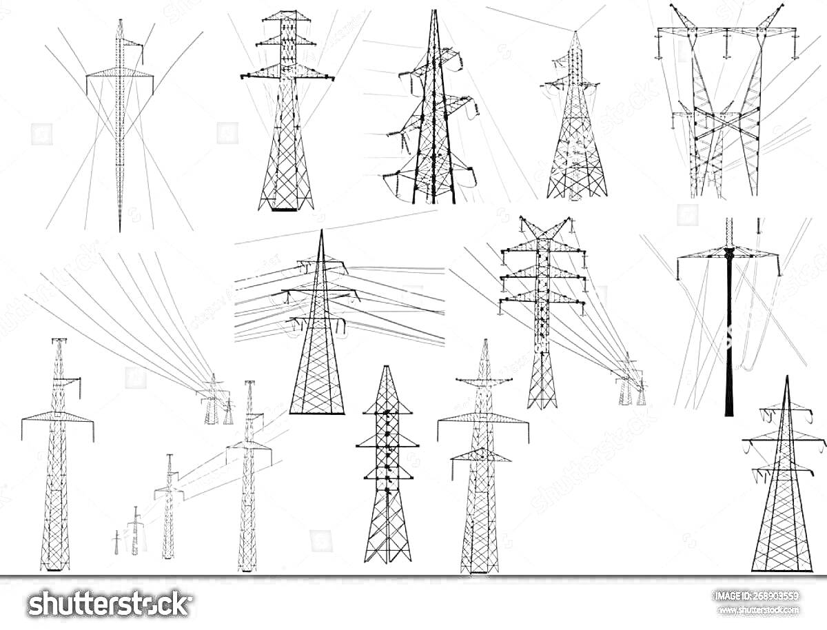Раскраска Электрические башни разных форм и конструкций
