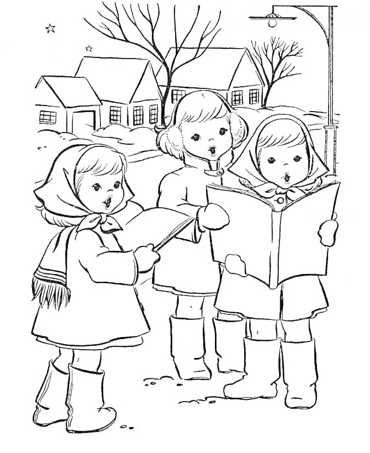 Раскраска Дети поют колядки на улице, три ребенка в зимней одежде с шарфами и шапками, держащие ноты, дома на заднем плане, заснеженные деревья и уличный фонарь