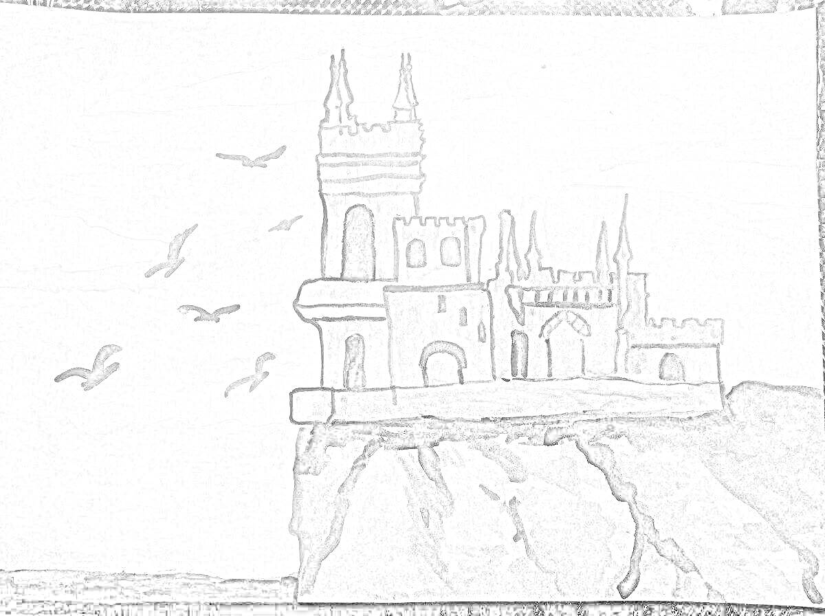 На раскраске изображено: Крым, Ласточкино гнездо, Замок, Архитектура, Море, Природа