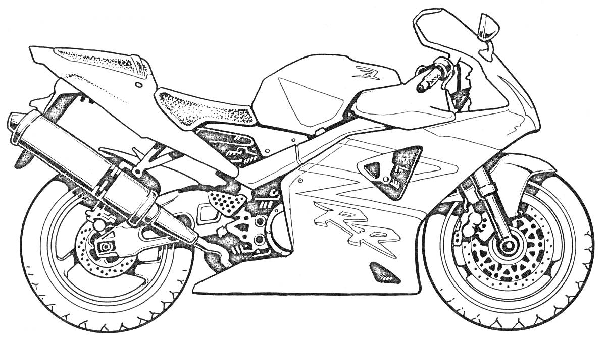 Раскраска Спортивный мотоцикл с деталями: колеса, руль, фара, зеркала, глушитель, тормозные диски
