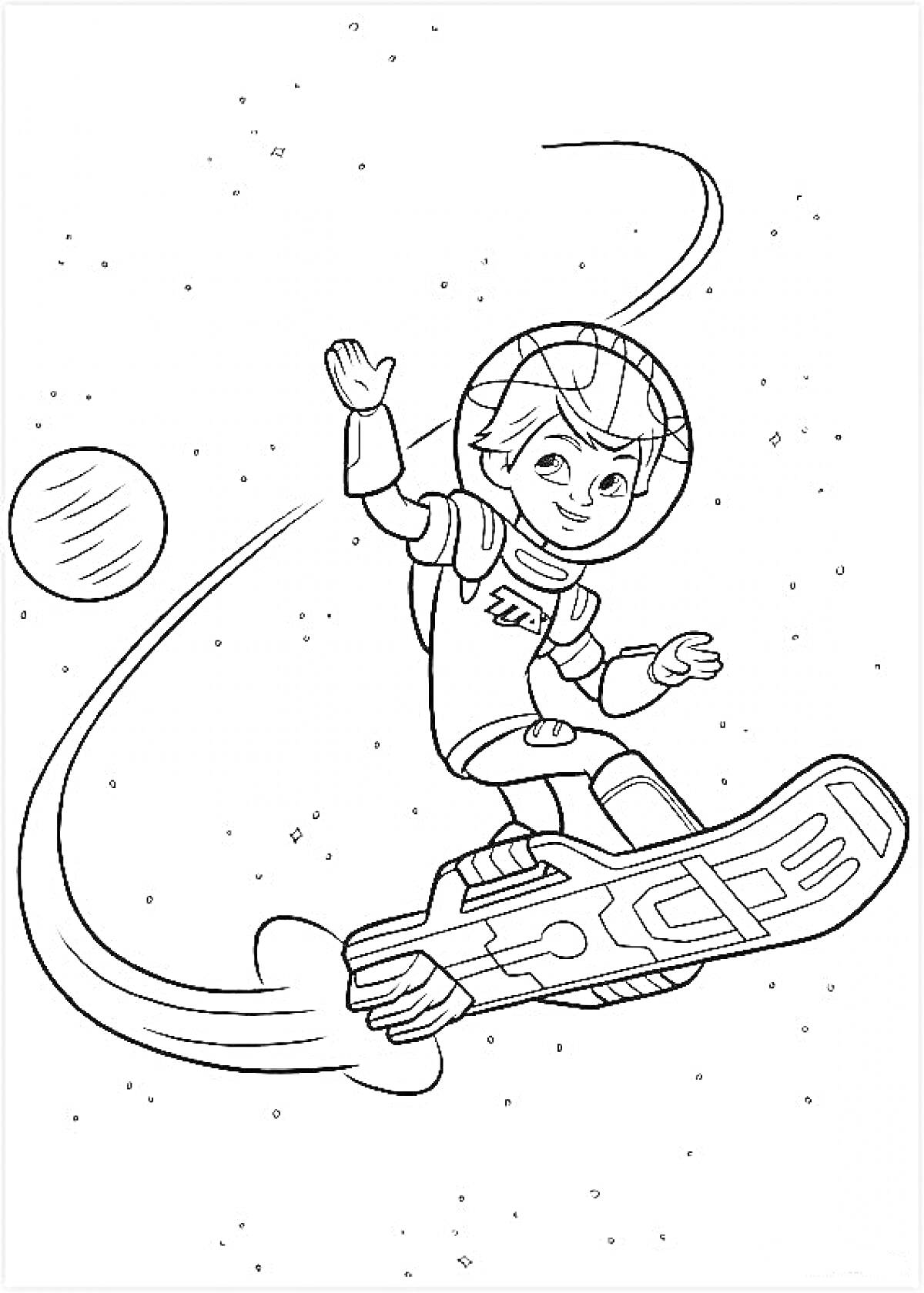 Майлз на летающем скейтборде в космосе с планетой на заднем фоне