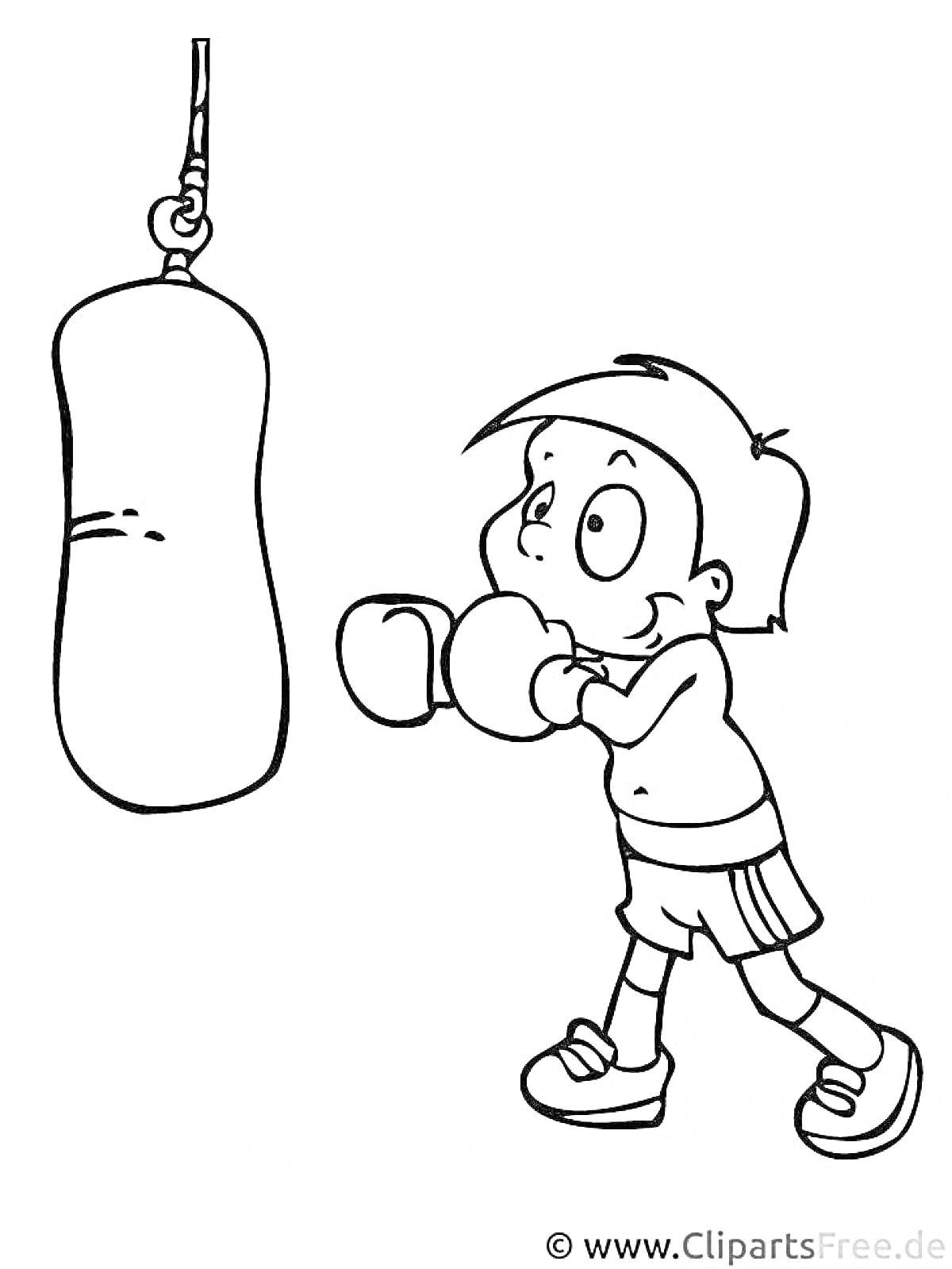 Ребенок в боксерских перчатках бьет боксерскую грушу