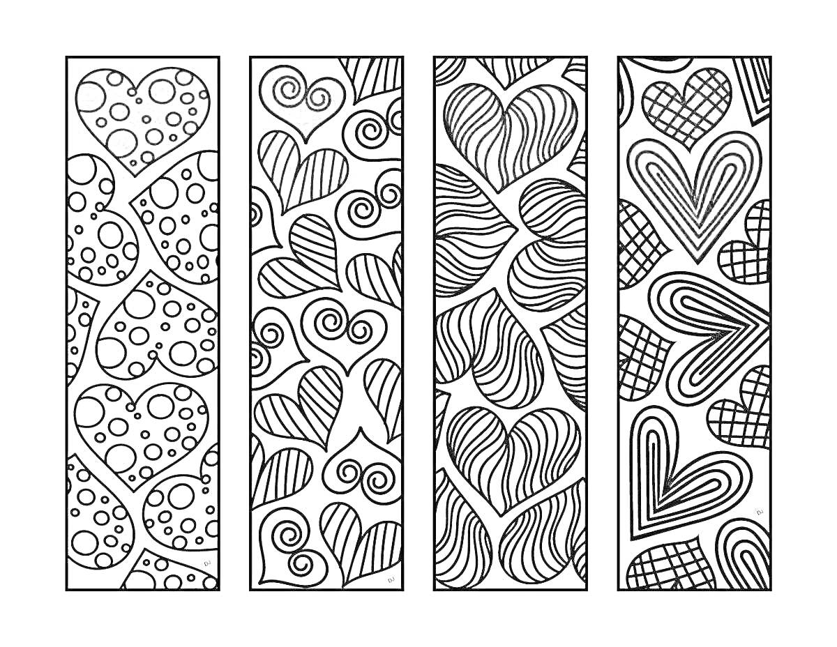 Раскраска Закладка с сердцами и абстрактными узорами