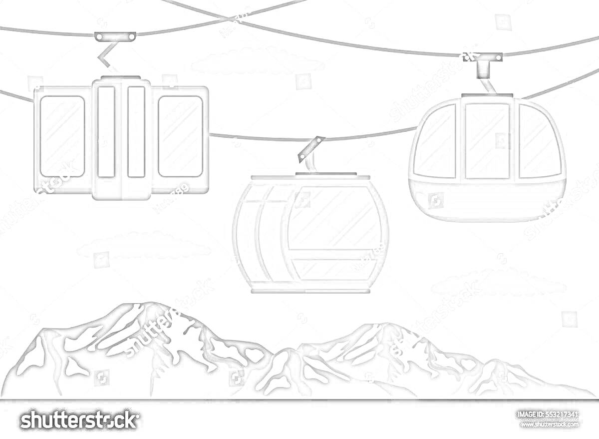 Раскраска Канатная дорога с тремя типами кабин и видом на горы