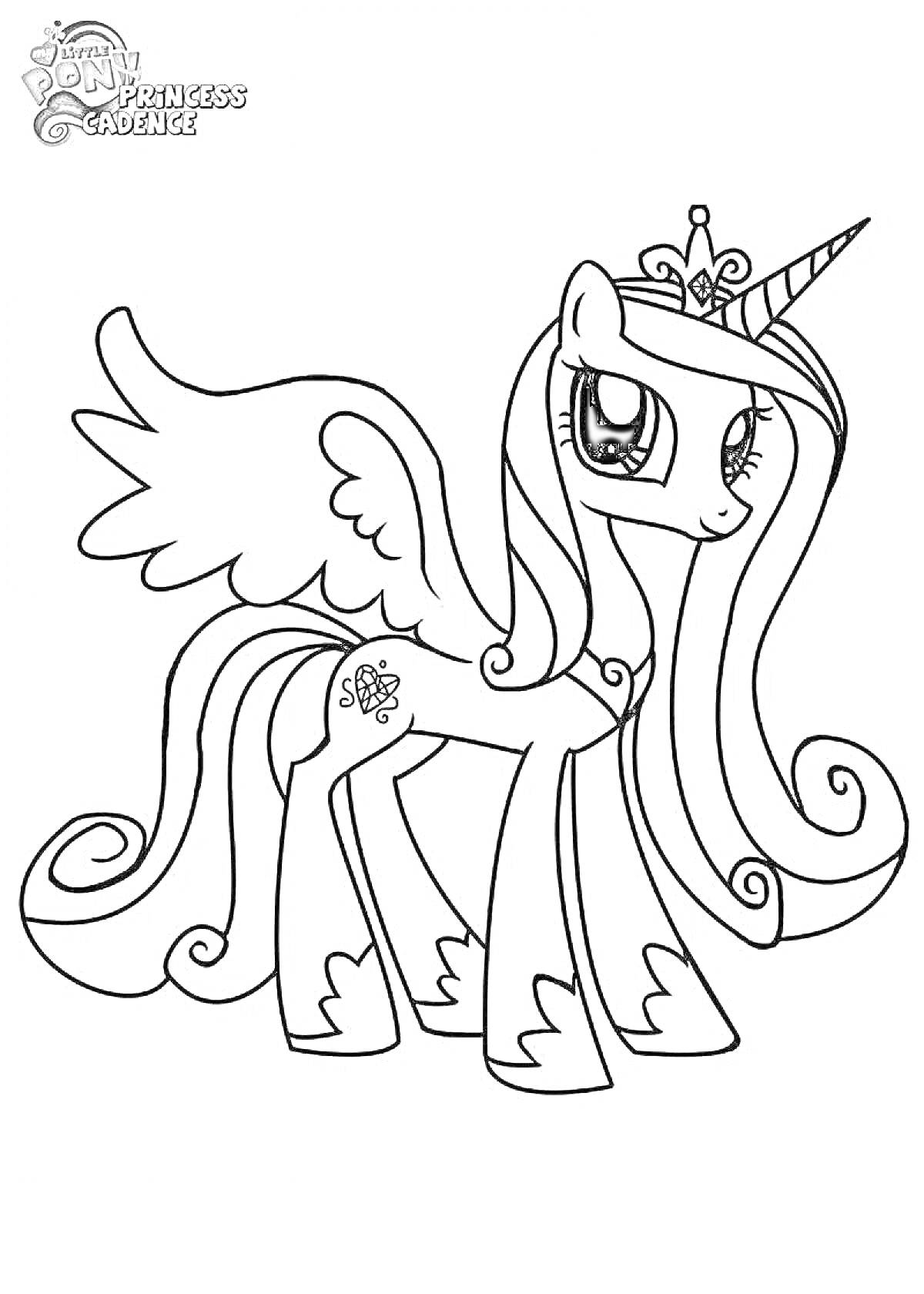 На раскраске изображено: Принцесса, Пони, My Little Pony, Крылья, Корона