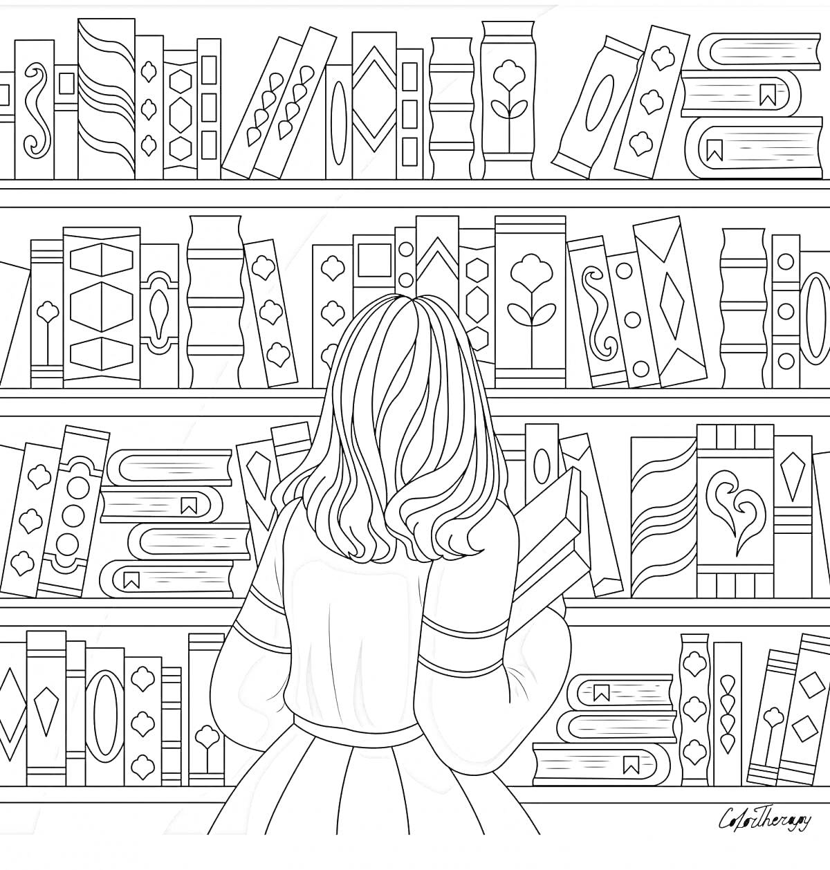 На раскраске изображено: Девочка, Книжный магазин, Книжные полки, Чтение, Литература