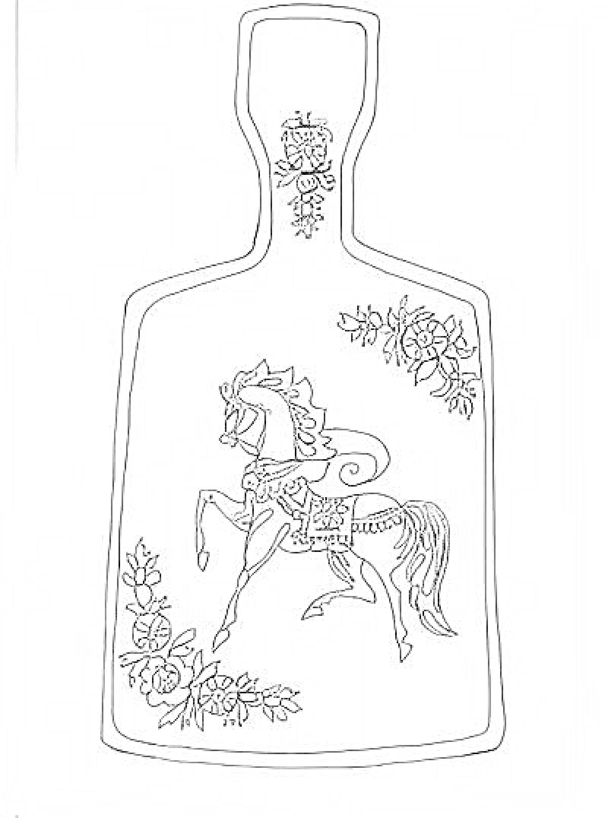 Раскраска Разделочная доска с городецкой росписью, изображение коня, цветы сверху и снизу