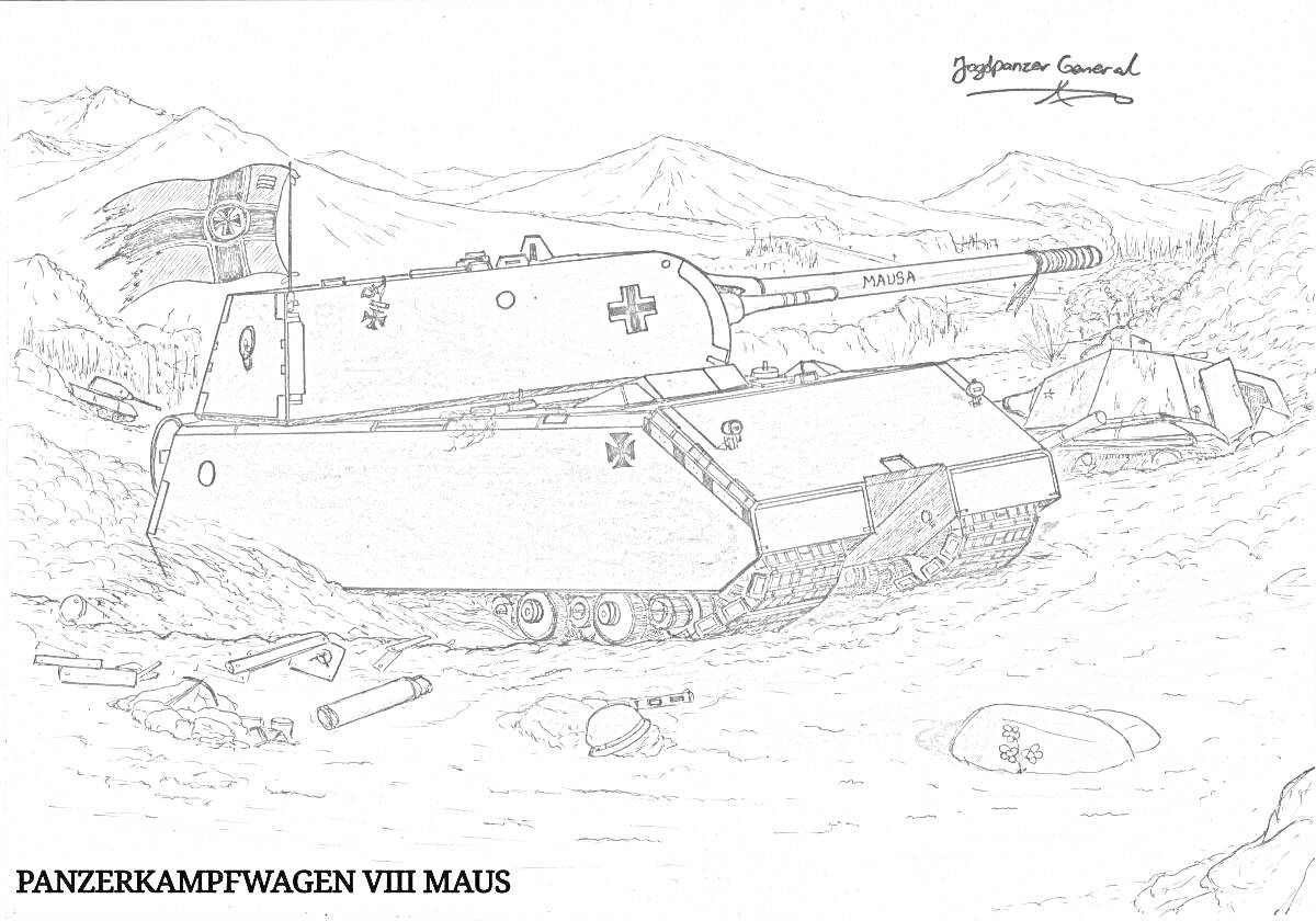 Раскраска Танковая сцена с Panzerkampfwagen VIII Maus на фоне холмов, с элементами труб, колес и фляги на земле