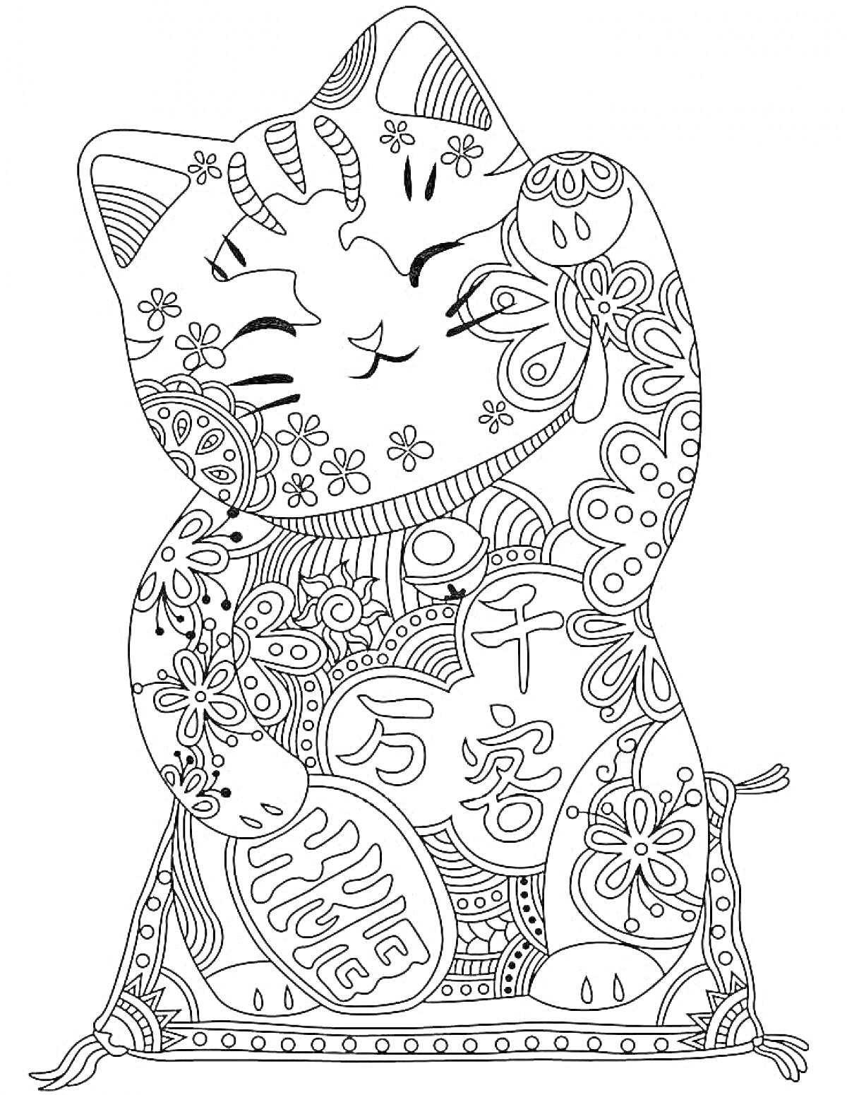 Раскраска Антистресс раскраска с кошкой, украшенной цветами, геометрическими узорами и китайскими иероглифами