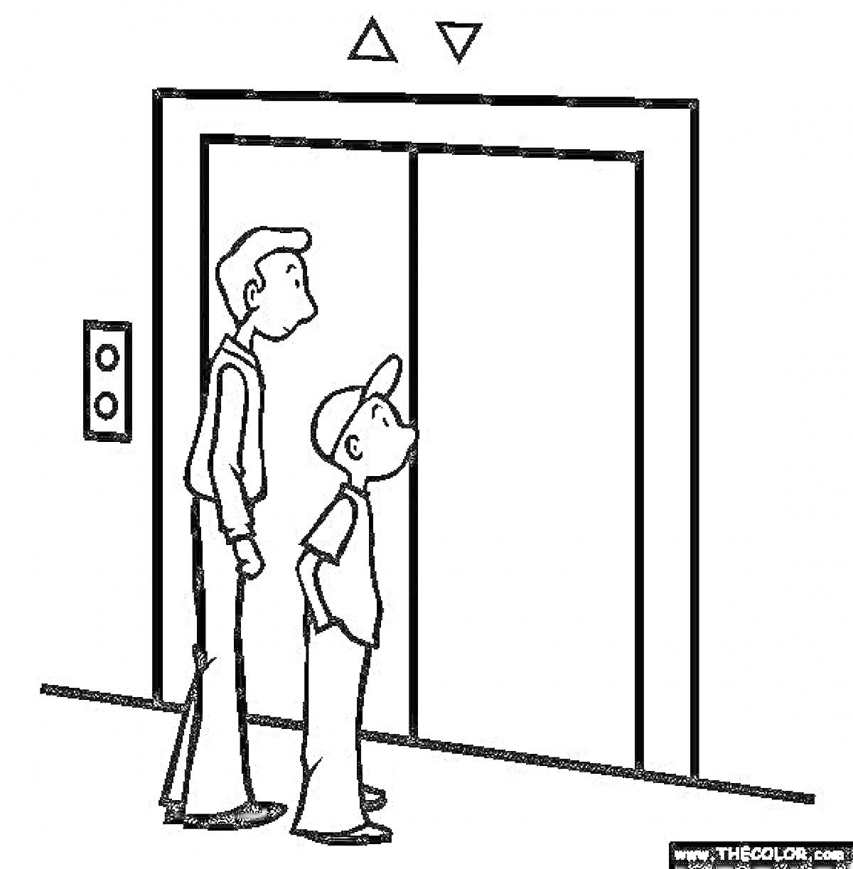 На раскраске изображено: Лифт, Ожидание, Мужчина, Мальчик, Кнопки, Панель