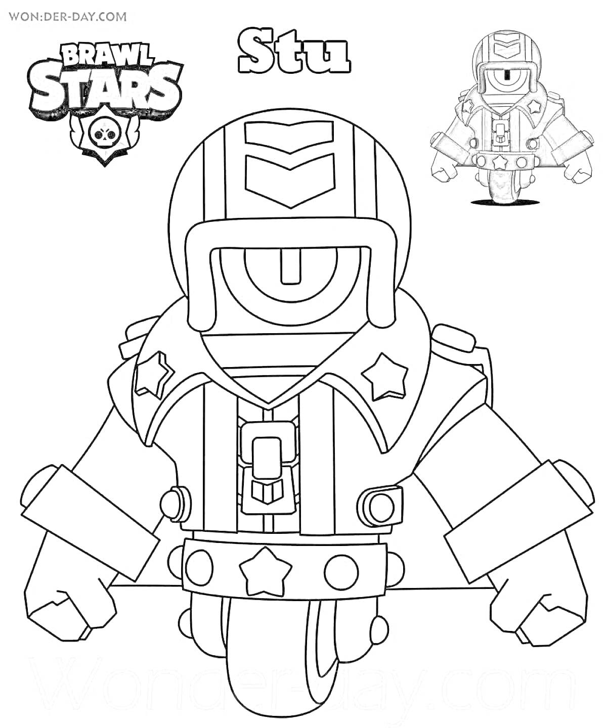 Раскраска Стю из игры Brawl Stars в защитной экипировке, стоящий на мотоцикле