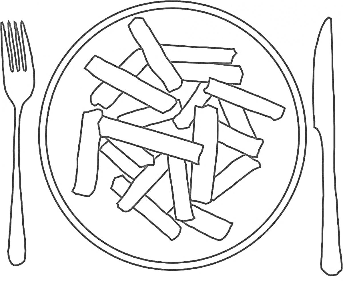 На раскраске изображено: Еда, Тарелка, Нож, Вилка